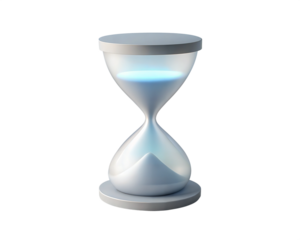 A modern holographic 3D hourglass with glowing sand, isolated on white background, symbolizing time, progress, and futuristic design. Perfect for themes related to time management, digital innovation