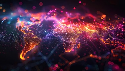 Wonderful night view futuristic international telecommunication network, concept about global data transfer, background with colourful abstract dynamic gradient line flows connecting cityspace