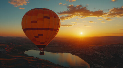 Obraz premium Couple enjoying a hot air balloon ride, holding hands as they soar above the landscape