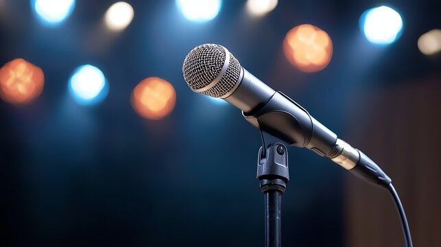 Close-up of microphone on stage with vibrant lighting, perfect for performances or public speaking events.
