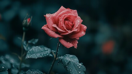 Single Pink Rose with Raindrops in Dark Garden Background