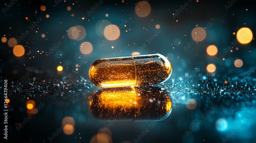 Poster close-up of colorful capsule on reflective surface with bokeh lights