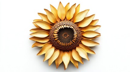 A bright and detailed sunflower with golden petals and a rich brown center, isolated on a clean white background.
