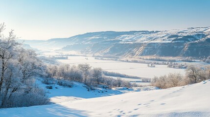 A breathtaking winter valley with untouched snow, offering a clean and bright setting for product advertising.