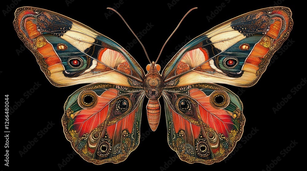 Poster a colorful, luminous butterfly with delicate, symmetrical patterns on its wings, symbolizing transfo