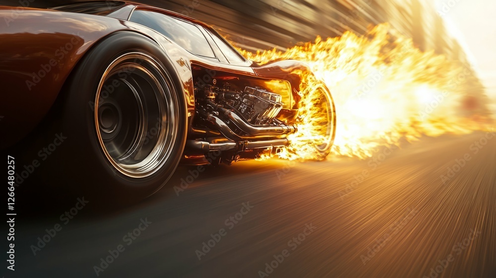 Poster high-speed race car with flames and dynamic motion blur effect