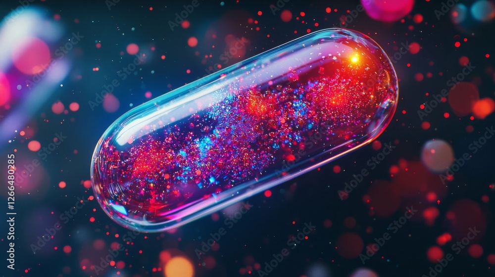 Poster futuristic capsule with glowing cosmic elements and colorful bokeh
