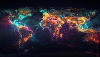 Wonderful night view futuristic international telecommunication network, concept about global data transfer, background with colourful abstract dynamic gradient line flows connecting cityspace