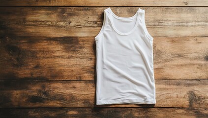 A plain white tank top mockup on a wooden background, flat lay photography, stock photo, professional color grading, low contrast, clean sharp focus.