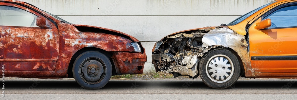 Poster contrast of dented rusted car and perfectly repaired vehicle in urban setting during daylight. gener