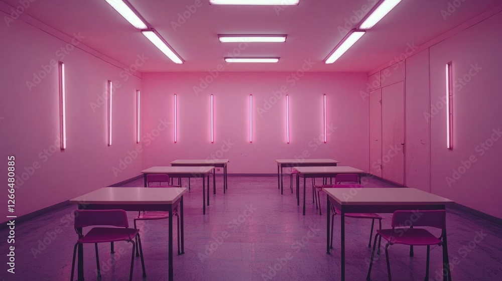 Poster digital classroom concept with abstract neon elements representing learning and innovation, no peopl