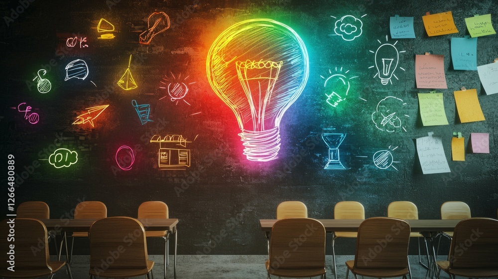 Poster digital classroom concept with abstract neon elements representing learning and innovation, no peopl
