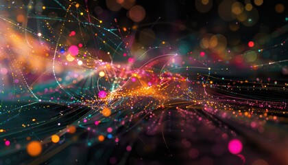 Wonderful night view futuristic international telecommunication network, concept about global data transfer, background with colourful abstract dynamic gradient line flows connecting cityspace