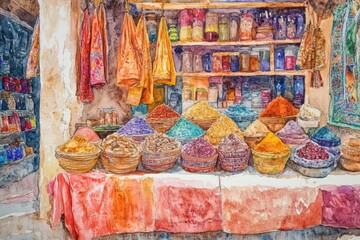 Fototapeta premium Colorful spice market with vibrant displays of spices and textiles in a lively bazaar setting during the daytime. Generative AI