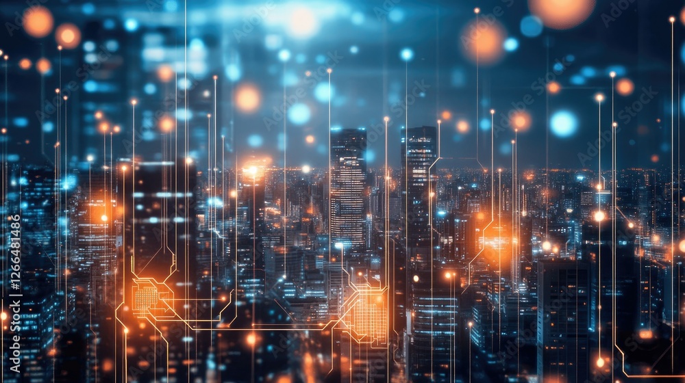 Poster a futuristic cityscape with glowing circuit board pathways, symbolizing data visualization and techn