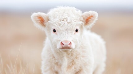 Obraz premium Fluffy white calf in field, springtime. Adorable baby animal, nature backdrop