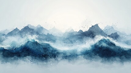 Abstract representation of waves and mountains in soft blue tones.