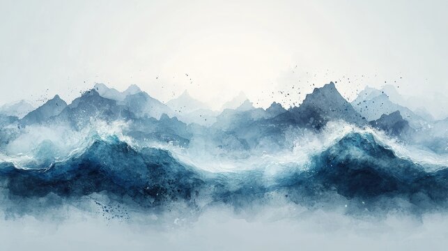 Abstract representation of waves and mountains in soft blue tones.