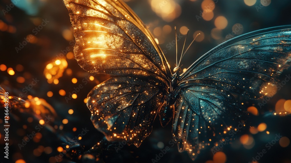 Poster a high-resolution close-up of a butterfly with intricate, glowing wing details, creating a magical e