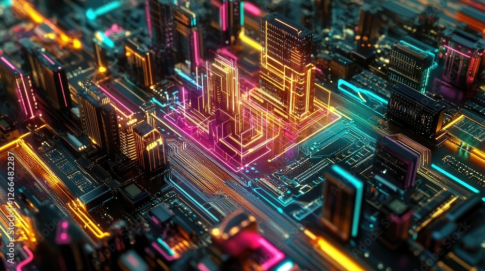 Poster a high-tech city emerging from a colorful circuit board, illustrating data flow and connectivity.