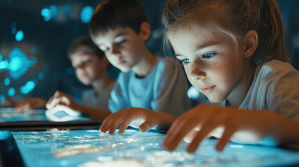 Engaged school children using advanced tablets for interactive learning
