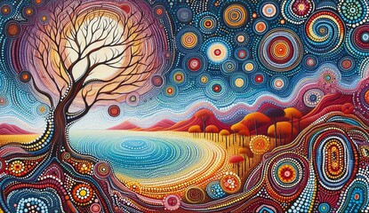 Vibrant Dreamscape – Abstract Dotted Landscape with Tree and Celestial Patterns

