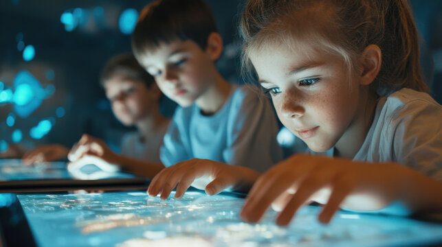 Engaged school children using advanced tablets for interactive learning