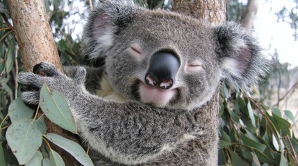 Obraz premium Cute Koala Smiling While Clinging to Eucalyptus Tree in Nature
