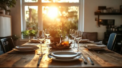 A clean dining table set with glowing plates and a fresh, colorful meal in a brightly lit dining room