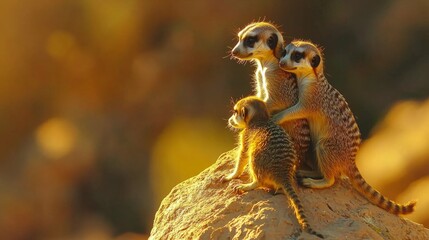 Trio of Meerkats Observing Their Surroundings at Sunset