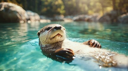 Cute River Otter Floating in Serene Clear Water Under Sunlight