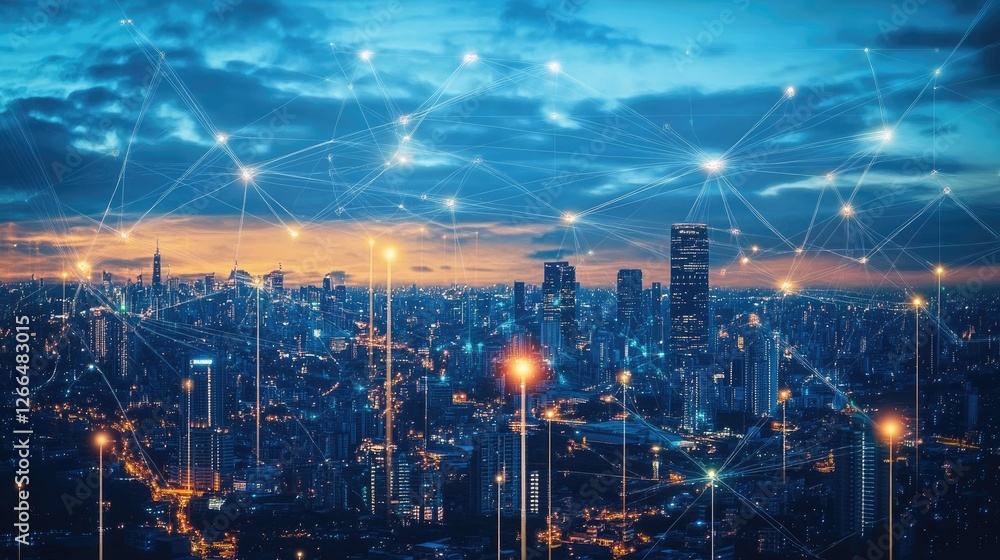 Poster a high-tech metropolis with ai-driven infrastructure, wind and solar power, and secure data encrypti