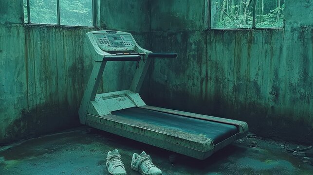 Abandoned treadmill in decaying gym, overgrown nature visible