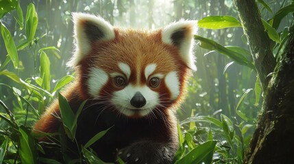 Obraz premium Charming Red Panda Relaxing in a Lush Green Forest Environment