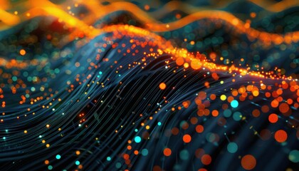 Wonderful night view futuristic international telecommunication network, concept about global data transfer, background with colourful abstract dynamic gradient line flows connecting cityspace