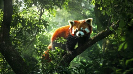 Red Panda Sitting on a Tree Branch in Lush Green Forest Environment