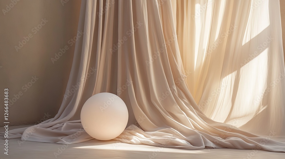 Poster a minimalist abstract composition of silky drapes and a luminous sphere, creating a peaceful and mod