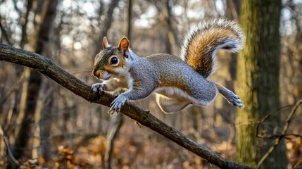 Obraz premium Squirrel Leaping Through the Forest in Soft Natural Light