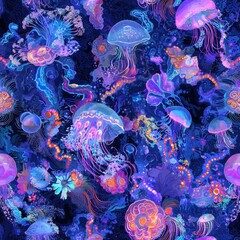 Colorful Seamless Pattern of Bioluminescent Jellyfish in Ocean Depths