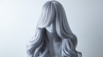 Naklejka premium A modern grey wig with luxurious waves, perfect for stylish and elegant hair transformations.