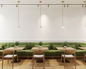 Modern cafe interior with green velvet banquette seating. wooden tables. and chairs There is a blank white wall perfect for adding signage or a menu The room has a clean and minimalist design. with so