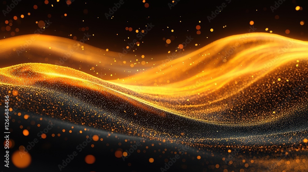 Poster abstract golden waves with sparkling particles on a dark background.