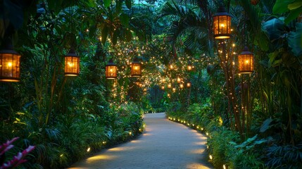 Enchanted Pathway with Lanterns and Twinkling Lights in Lush Garden