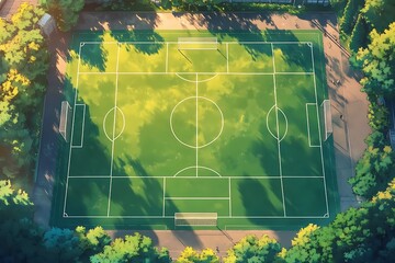 Soccer field with green grass. View from above