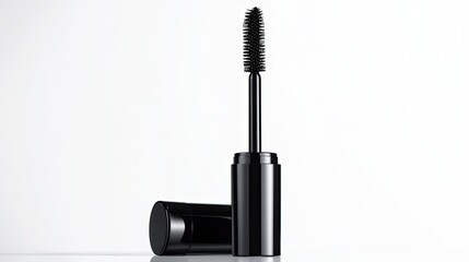 Obraz premium A sleek black mascara tube with an open brush, showcasing fine bristles for perfect lash application, isolated on white.