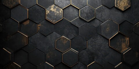 Dark textured hexagons with metallic golden edges create a pattern