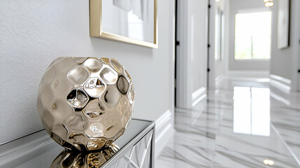 Hallway With White Marble Flooring And A Golden Spherical Vase Interior Decor
