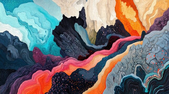 A surreal geological landscape featuring deep crevices with vibrant lava flowing through the cracks.