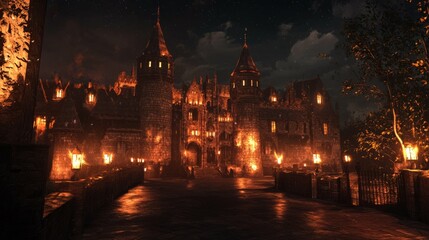 Fototapeta premium Enchanted castle illuminated by lanterns under a starry night sky