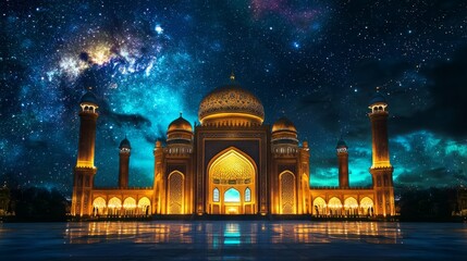Majestic Mosque Under Starry Sky and Cosmic Background at Night